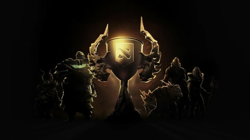Dota 2 heroes in silhouette stand around a glowing golden championship trophy on a dark background.