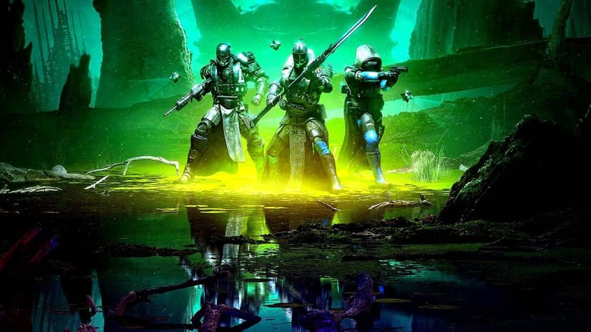 Three armored space knights with glowing weapons stand in a misty green swamp reflected in dark water.