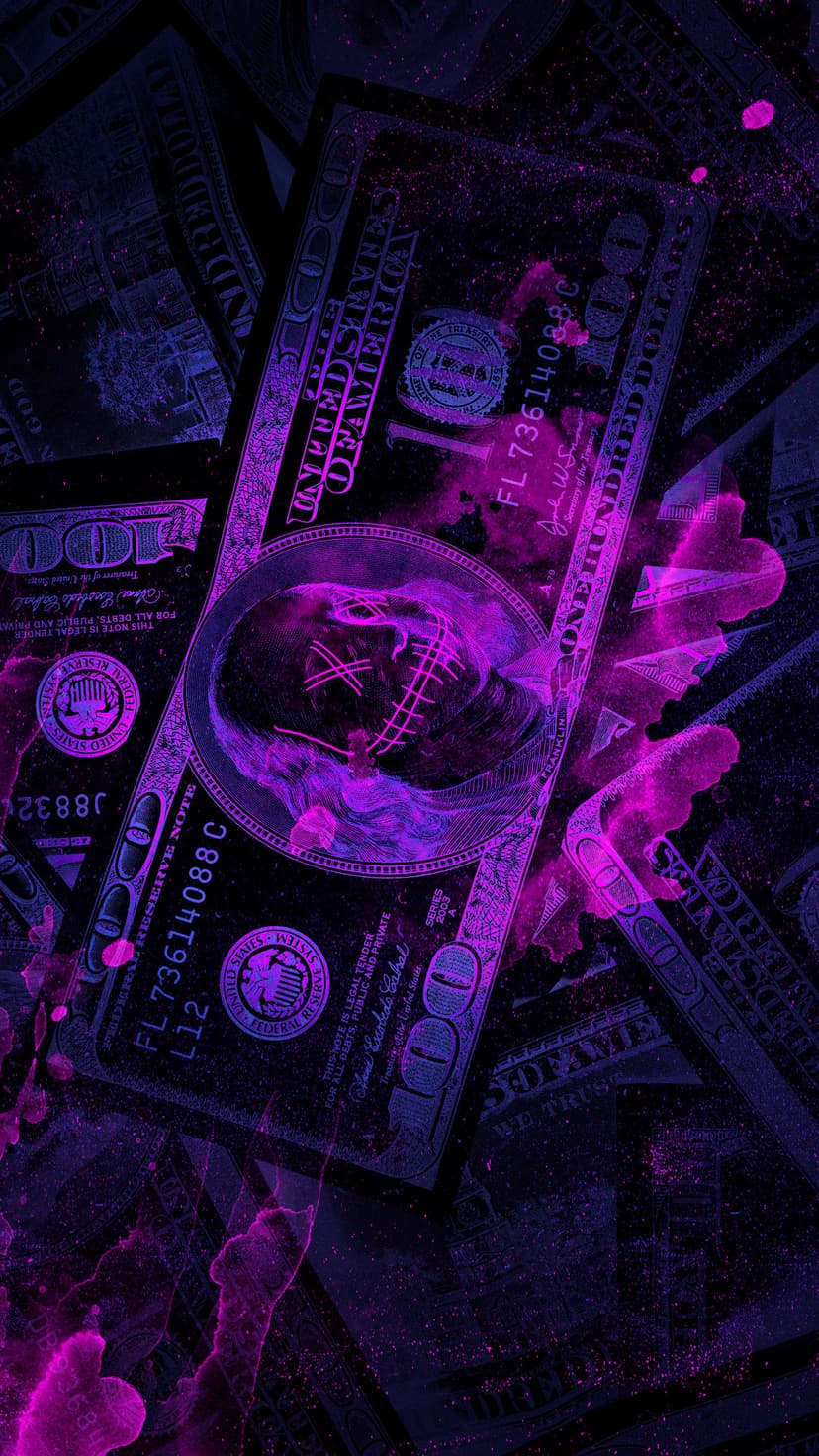 Stitched purple neon mask lies atop scattered hundred dollar bills with glowing pink light specks on a dark background.