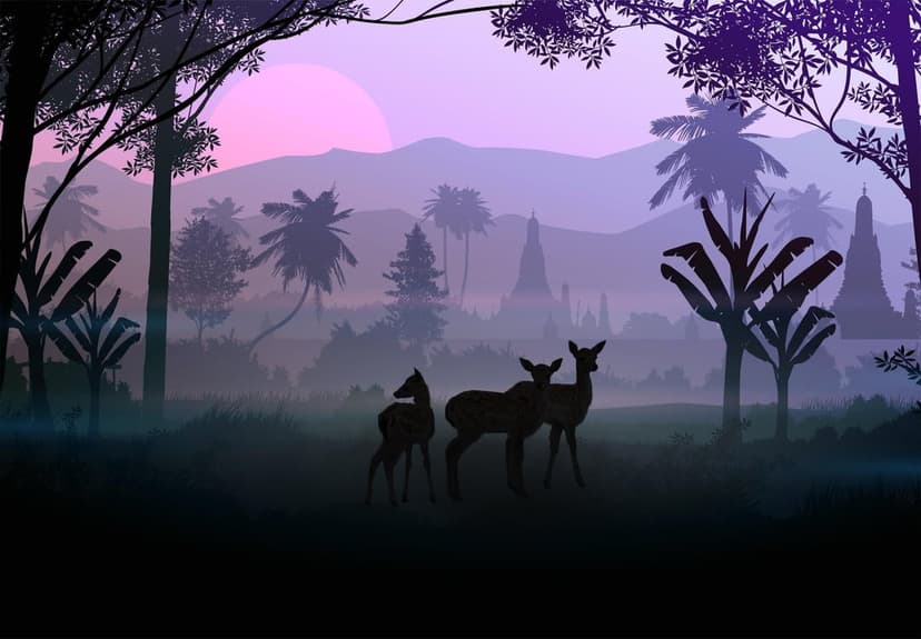 Silhouetted deer graze in a misty tropical jungle with ancient temples rising under a purple sunset sky.
