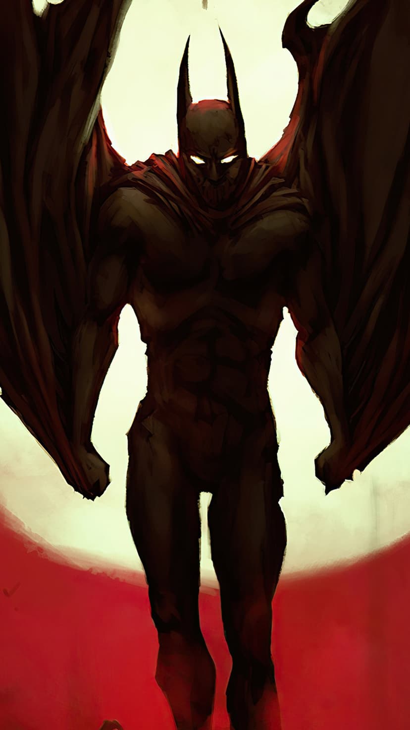 Bat-winged monstrous figure with glowing white eyes looms before a massive blood moon and hazy crimson sky.