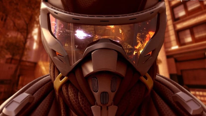 Futuristic soldier helmet with a glowing visor reflecting an urban warzone with fire and explosions.