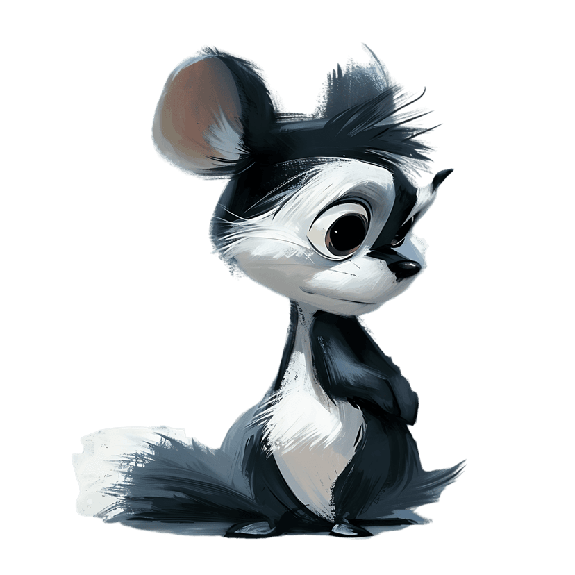 Skunk character with large eyes and a bushy tail sits in a front-facing pose with detailed black and white fur.