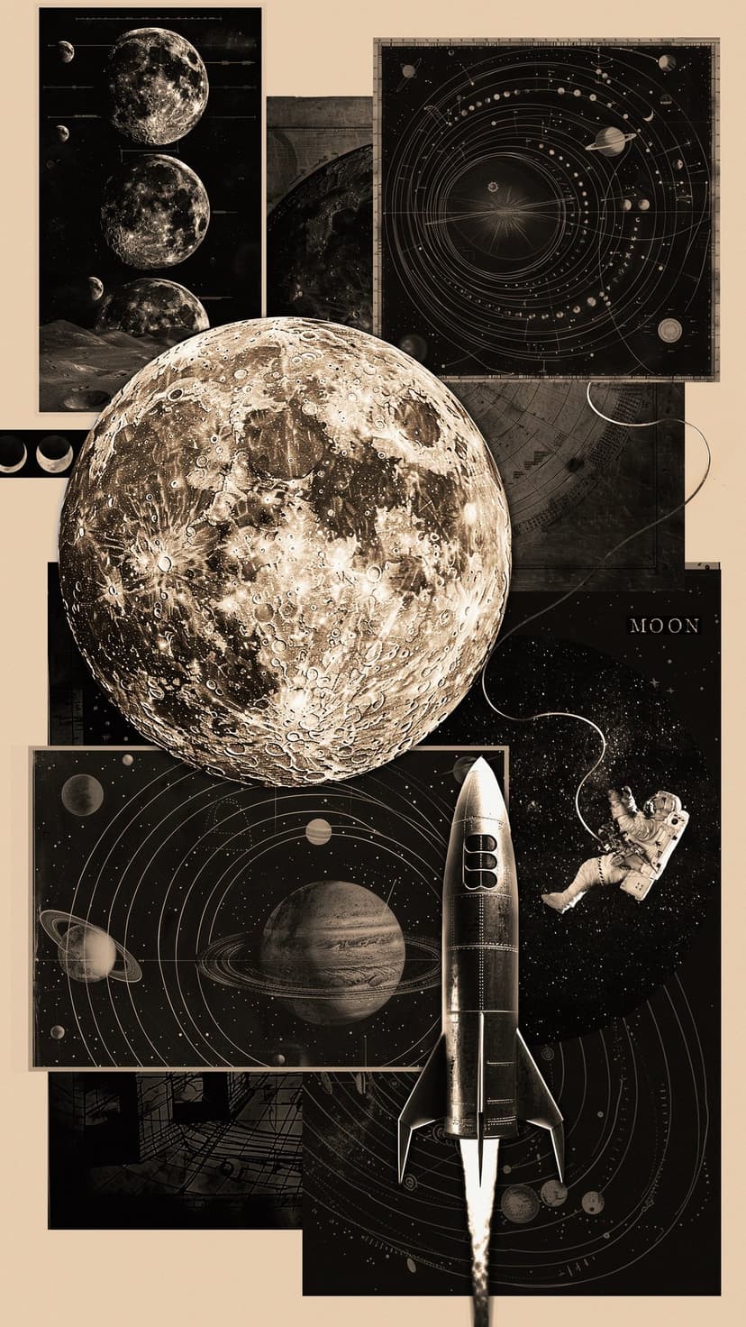 Lunar surface and vintage rocket ship surrounded by astronomical diagrams and a floating astronaut in space.