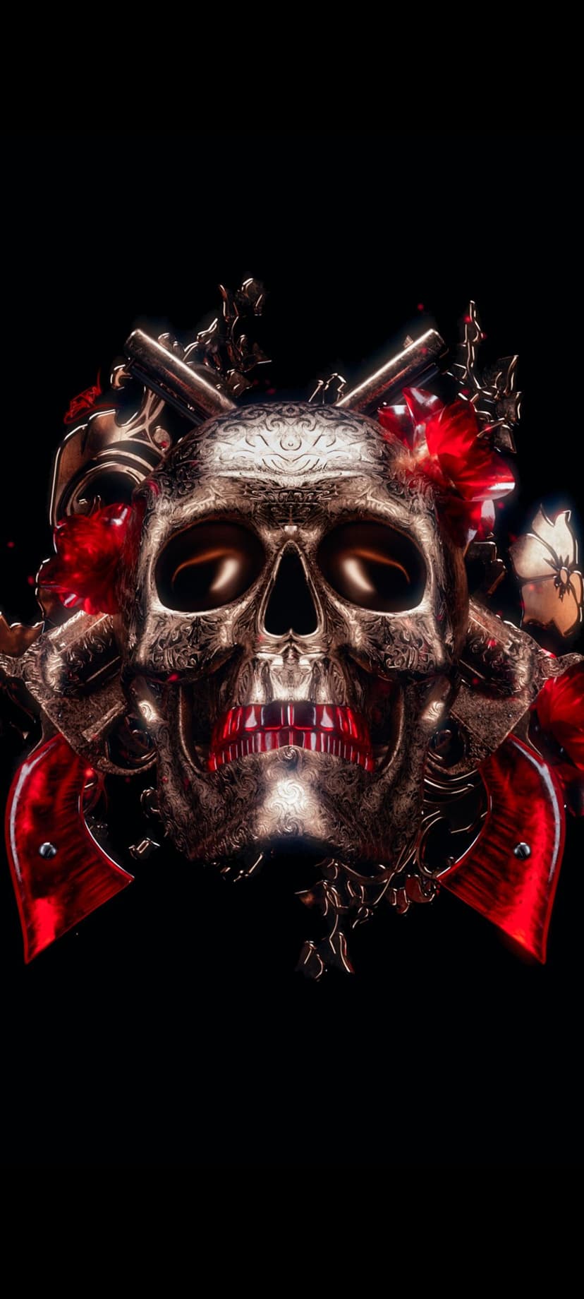 Engraved silver skull with red filigree centered over two crossed antique pistols on a solid black background.