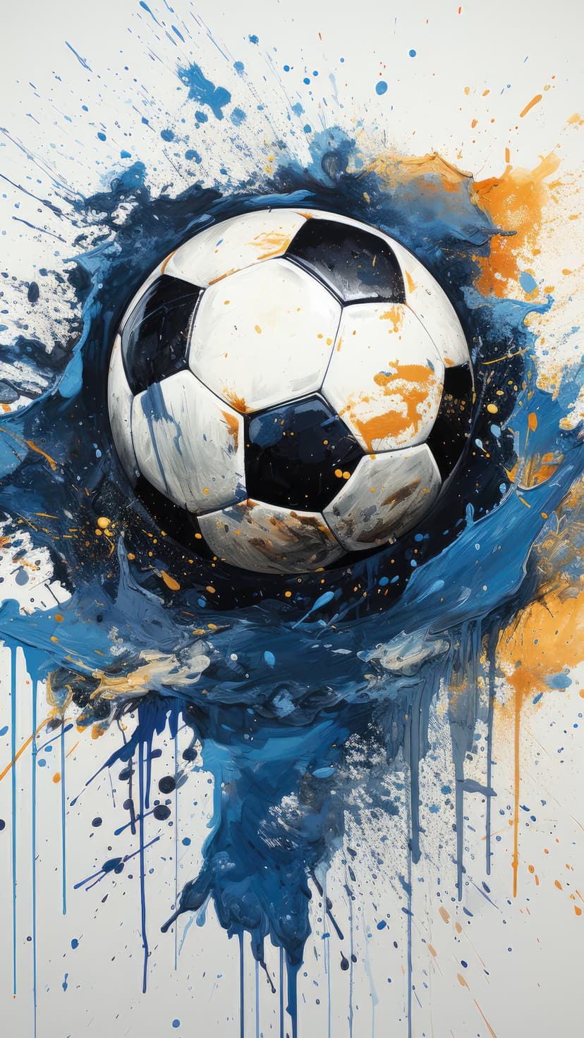 Soccer ball centered amidst a symmetrical explosion of bright blue and orange paint splatters on a dark background.