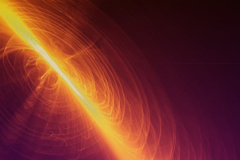 Orange light streak surges diagonally across a dark violet background with swirling cosmic energy patterns.