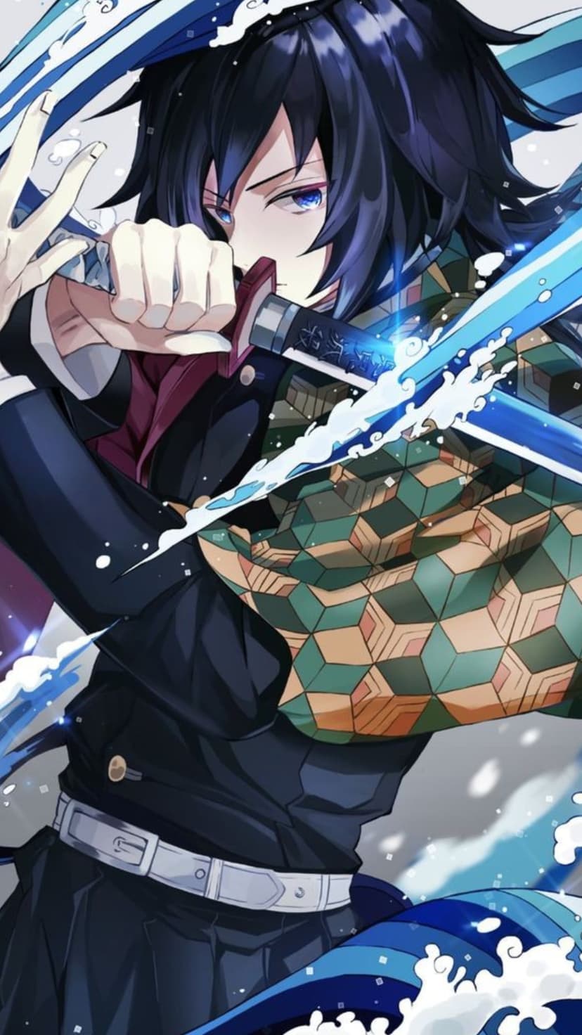 Giyu Tomioka holds a katana amidst swirling blue water waves and white foam splashes in a vertical composition.