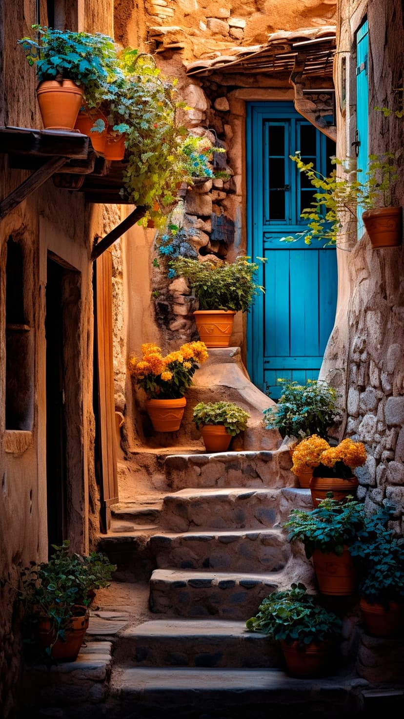 Blue wooden door surrounded by flowering potted plants along a narrow cobblestone Mediterranean street.