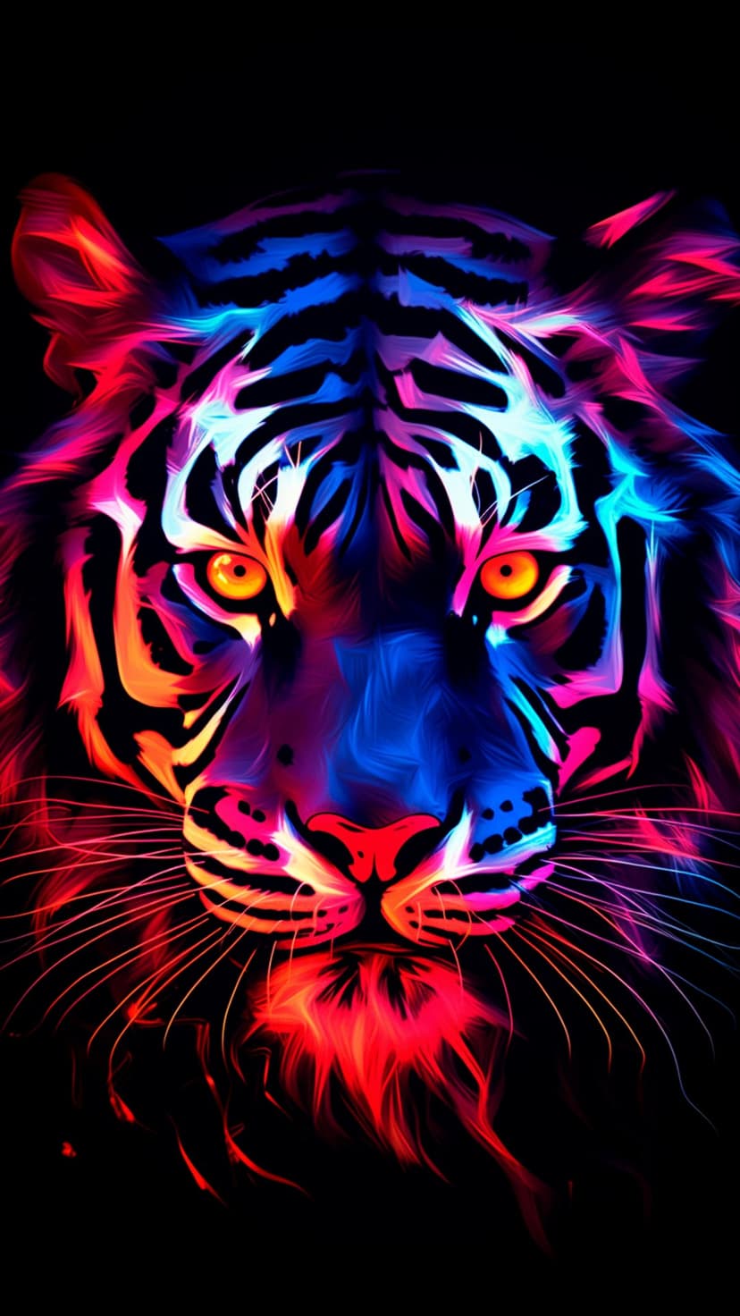 Tiger head with glowing neon blue and pink stripes stares forward intensely against a dark black background.