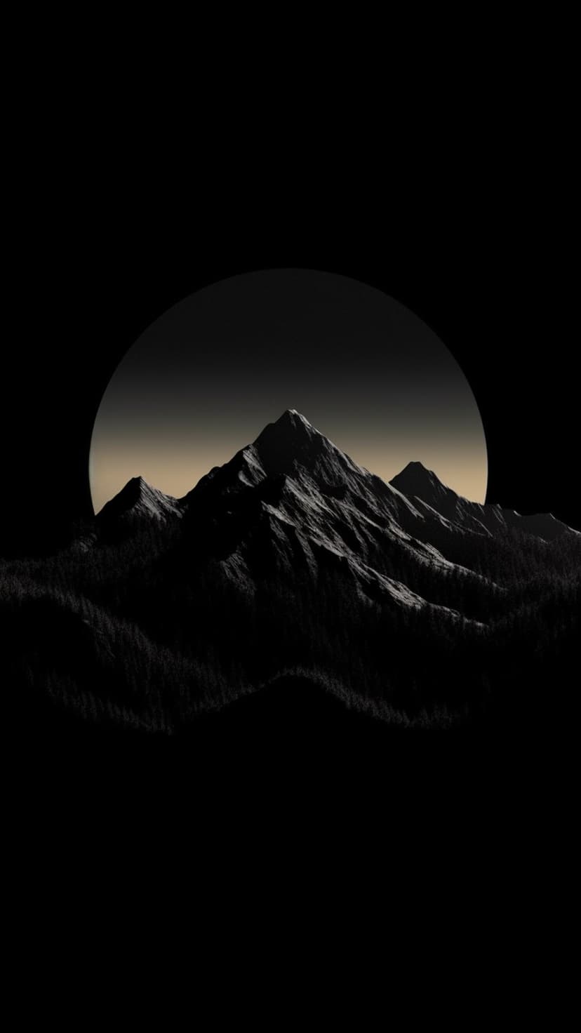 Sharp mountain peaks silhouetted against a large dim moon with a dark forest at the base under a moody night sky.