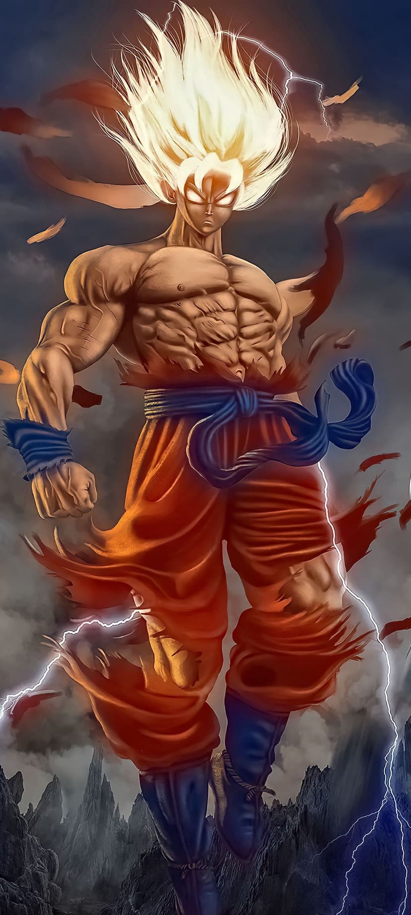 Goku stands amidst golden energy flares and blue lightning bolts with a focused, intense facial expression.
