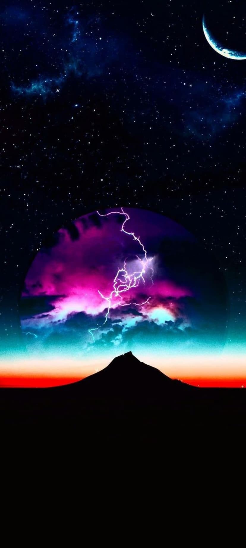 Mountain peak silhouetted against a purple lightning vortex, starry sky, and crescent moon over a red horizon.