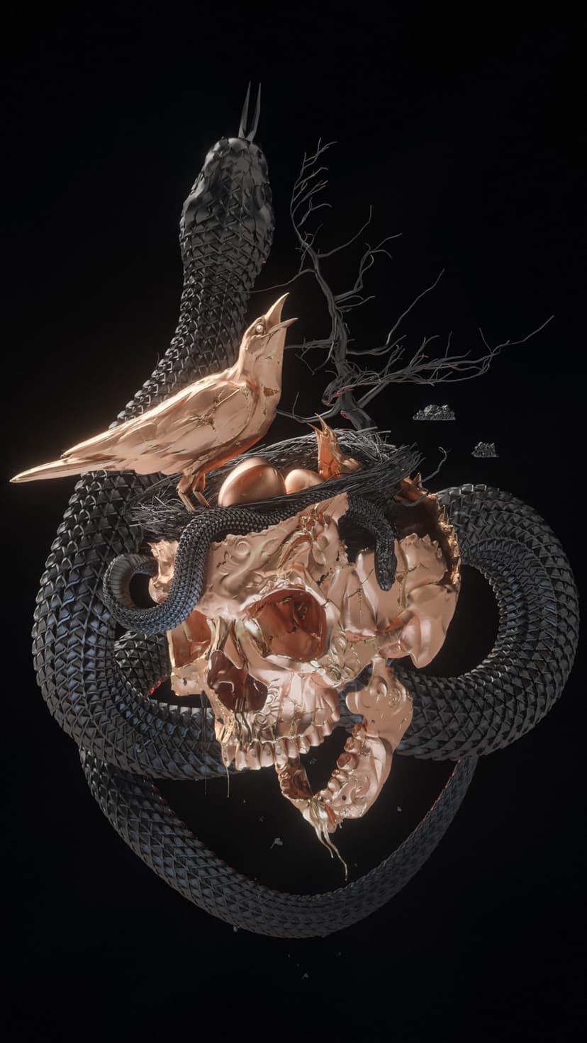Gilded skull entwined by a black snake with a gold raven perching on top near a nest with three small eggs.
