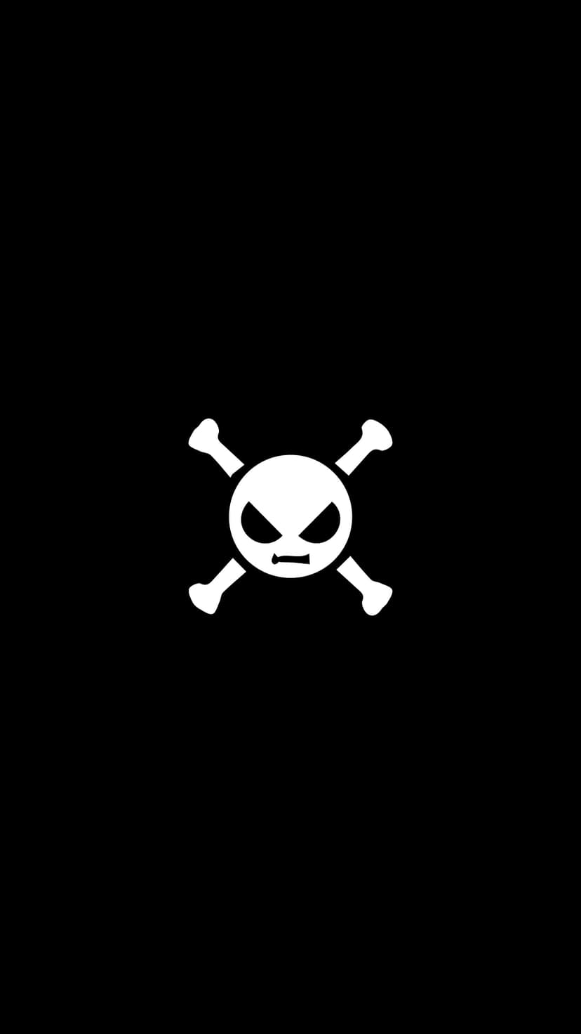 White skull with an angry expression and crossed bones centered on a solid pitch-black background.