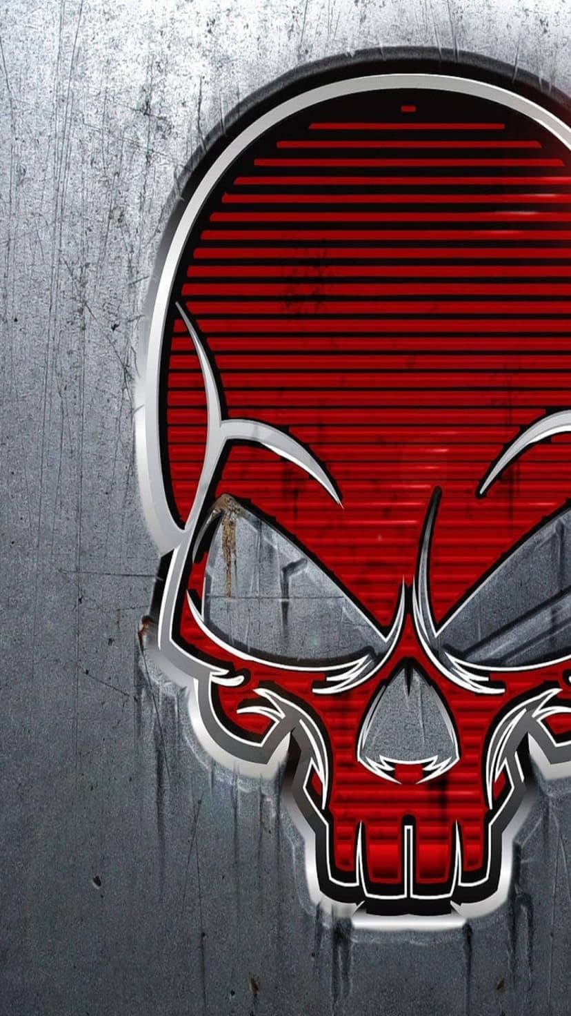 Red skull with silver outlines and horizontal lines centered on a dark, scratched metallic industrial background.