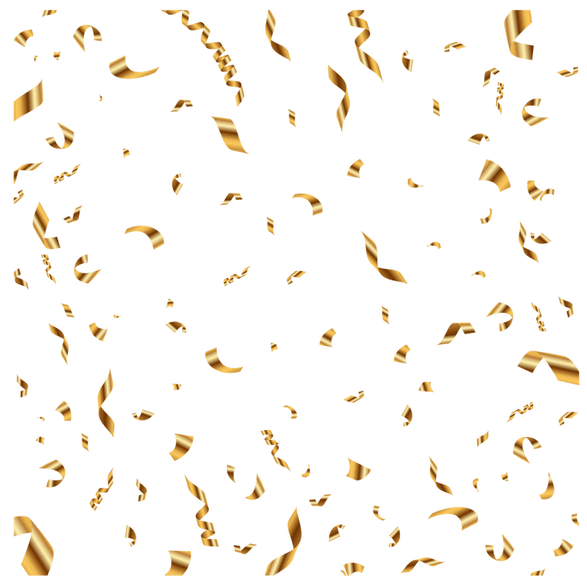 Gold balloon and pink confetti float against a transparent background with realistic 3D metallic reflections.