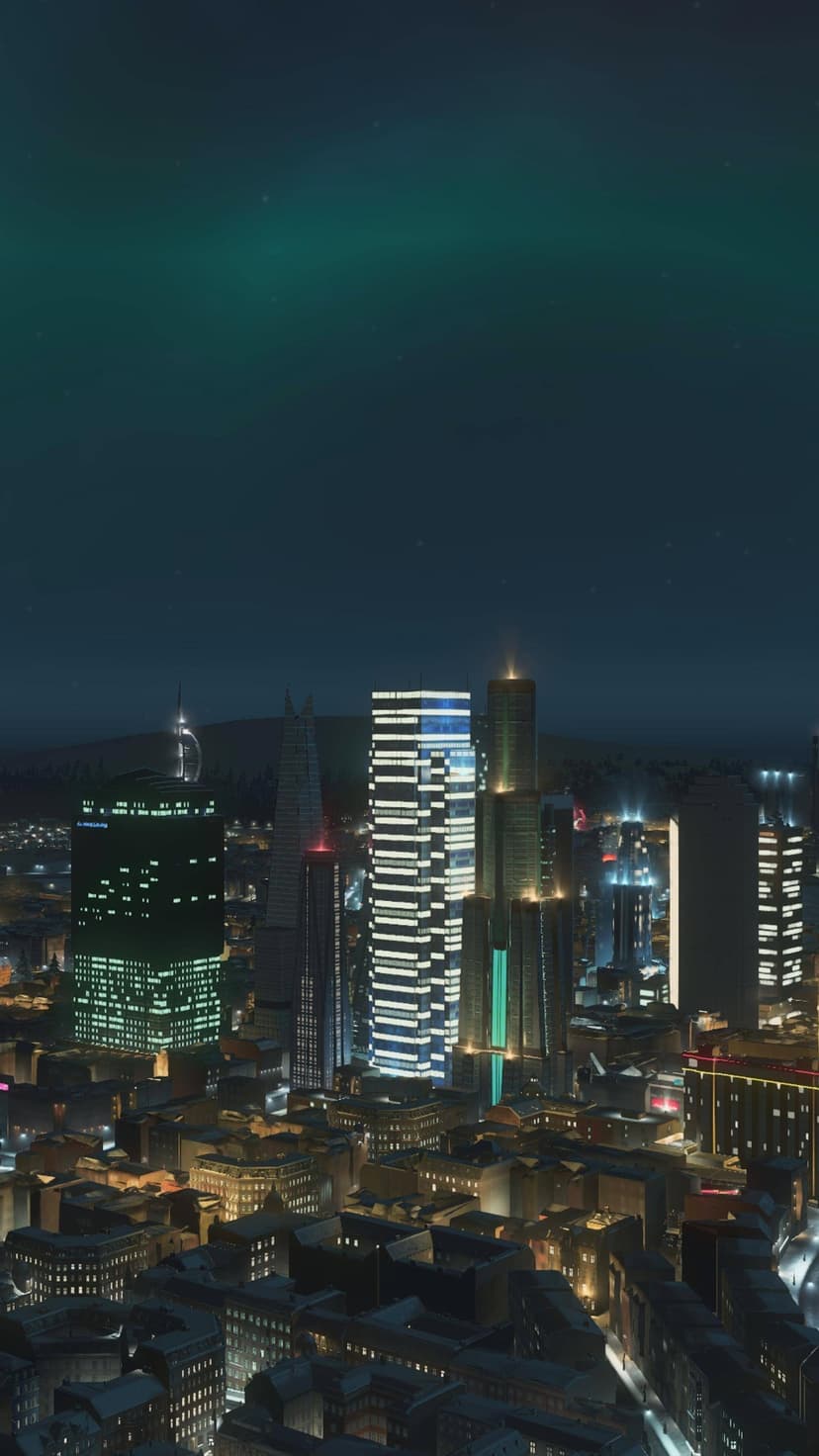 Glowing skyscrapers and lit office windows fill a dense urban grid under a dark night sky in a high-angle view.