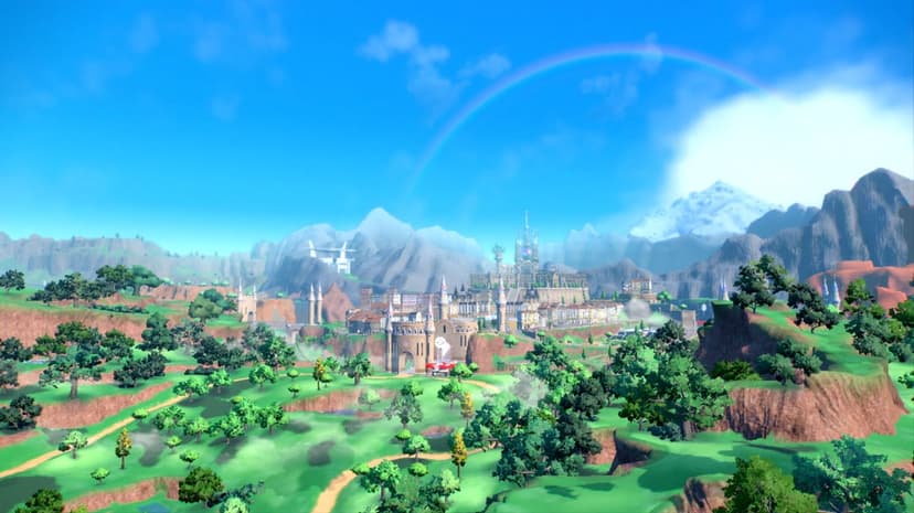 Sprawling green hills leading to a fantasy city with a tall castle under a blue sky with a faint rainbow.