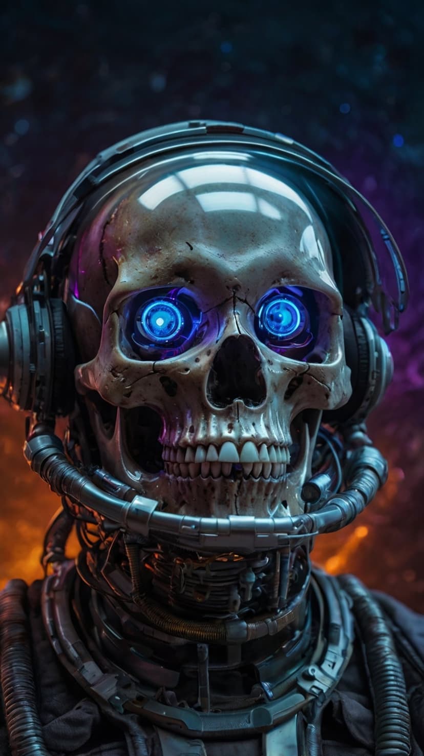 Cybernetic skeleton astronaut with glowing blue eyes wearing a metallic helmet inside a purple and orange nebula.