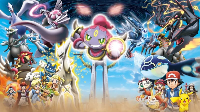 Hoopa floating amidst legendary Pokemon like Lugia and Rayquaza above Ash and friends under a blue sky.