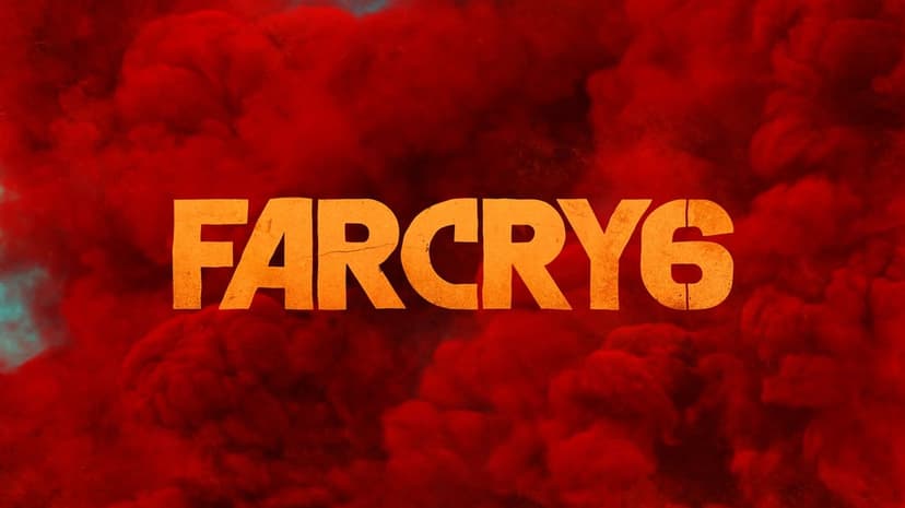 Orange Far Cry 6 game logo centered against thick billowing red smoke with dramatic shadows and lighting.