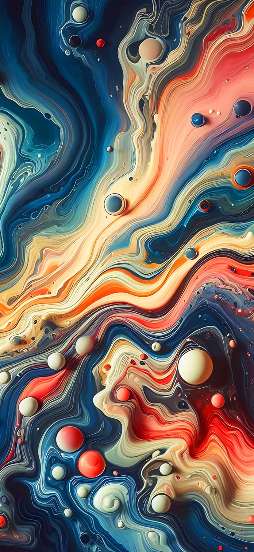 Vibrant blue and orange fluid swirls merge with glossy pearl-like bubbles in a deep three-dimensional pattern.