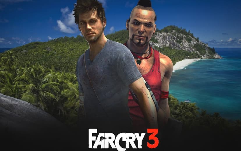 Jason Brody and Vaas Montenegro standing before a tropical island beach with lush jungle and blue water.