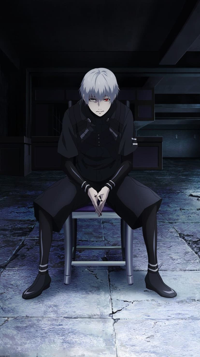 Kaneki Ken sits with clasped hands in a dimly lit room, his white hair vibrant against the dark environment.