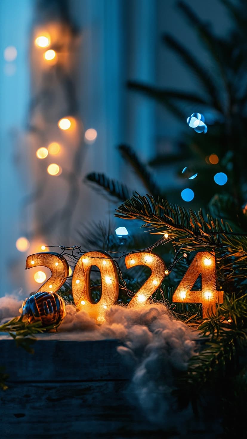 Glowing 2024 numerals rest on a wooden table beside a holiday ornament with a bokeh Christmas tree background.