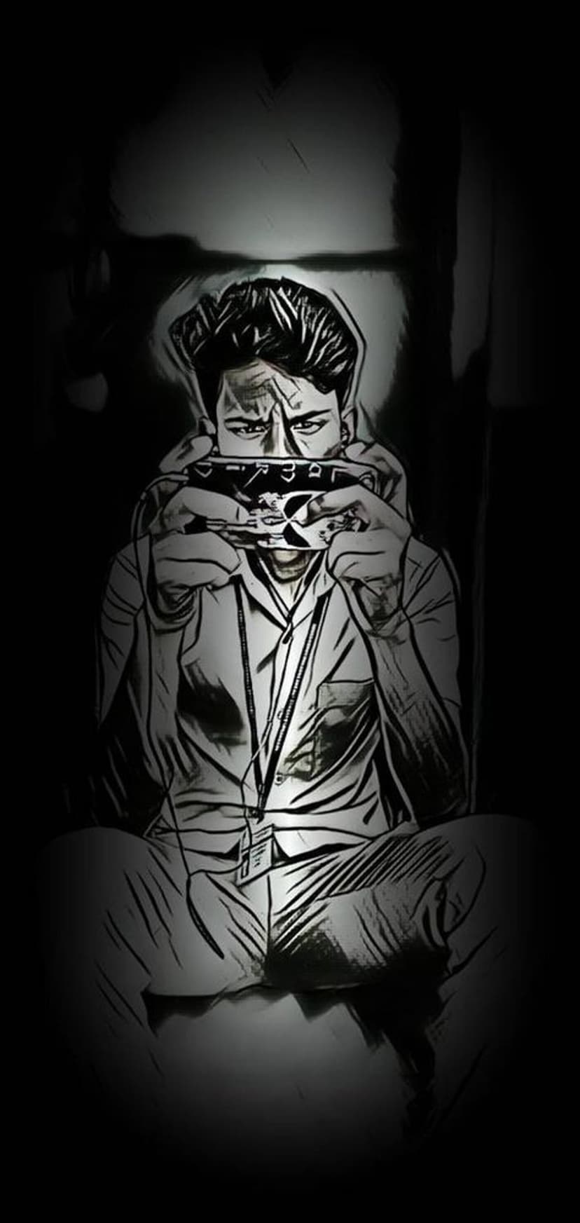 Man with an intense facial expression plays a harmonica while wearing a collared shirt in moody, shadowed light.