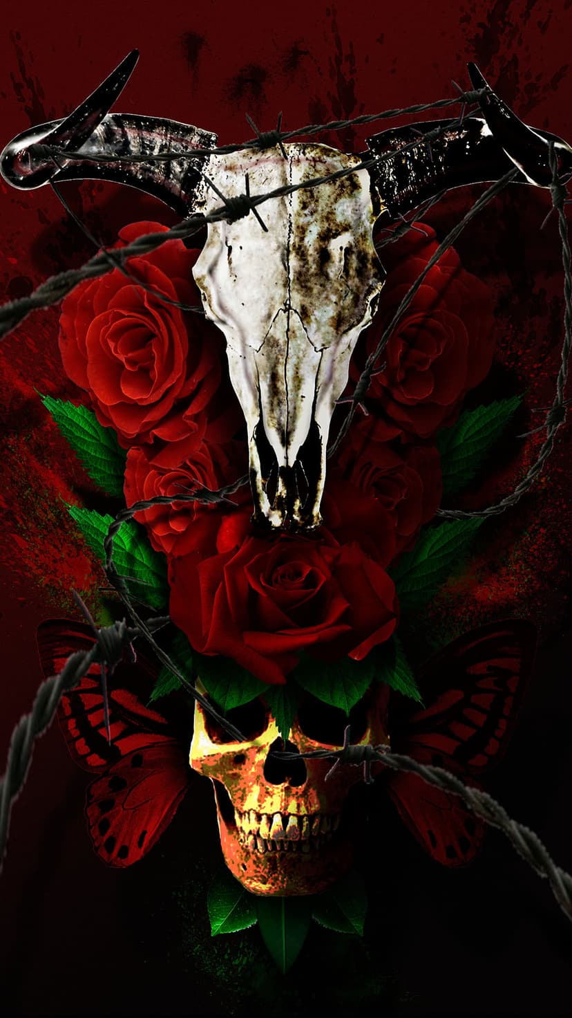 Human skull adorned with red roses, barbed wire, and butterfly wings against a dark, textured background.