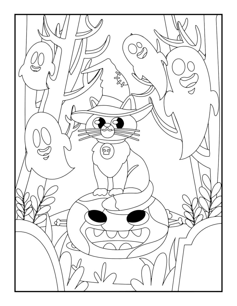 Halloween cat coloring page featuring a kitten in a witch hat sitting on a pumpkin with ghosts and trees.