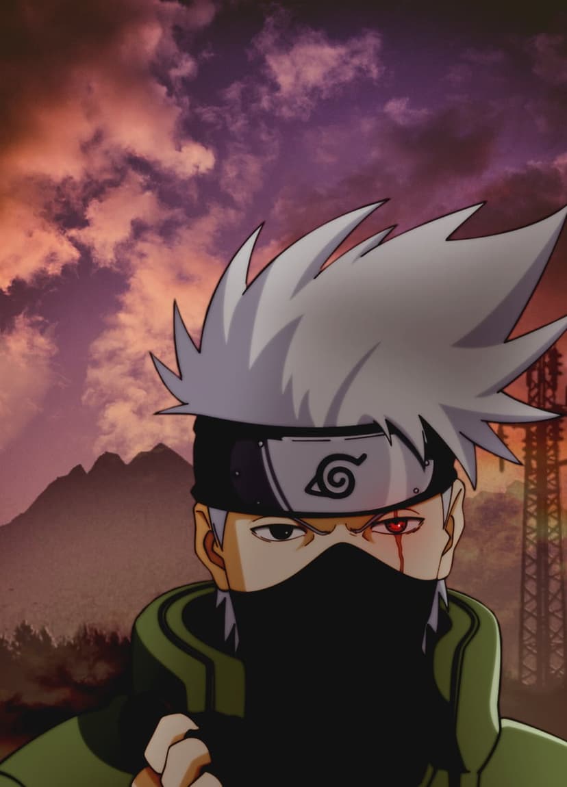 Kakashi Hatake with a glowing red Sharingan eye stands before a dramatic sunset sky and silhouetted mountains.