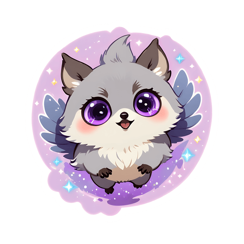 Winged fox sticker illustration showing grey fur, blue feathered wings, and glossy purple eyes on a purple cloud.