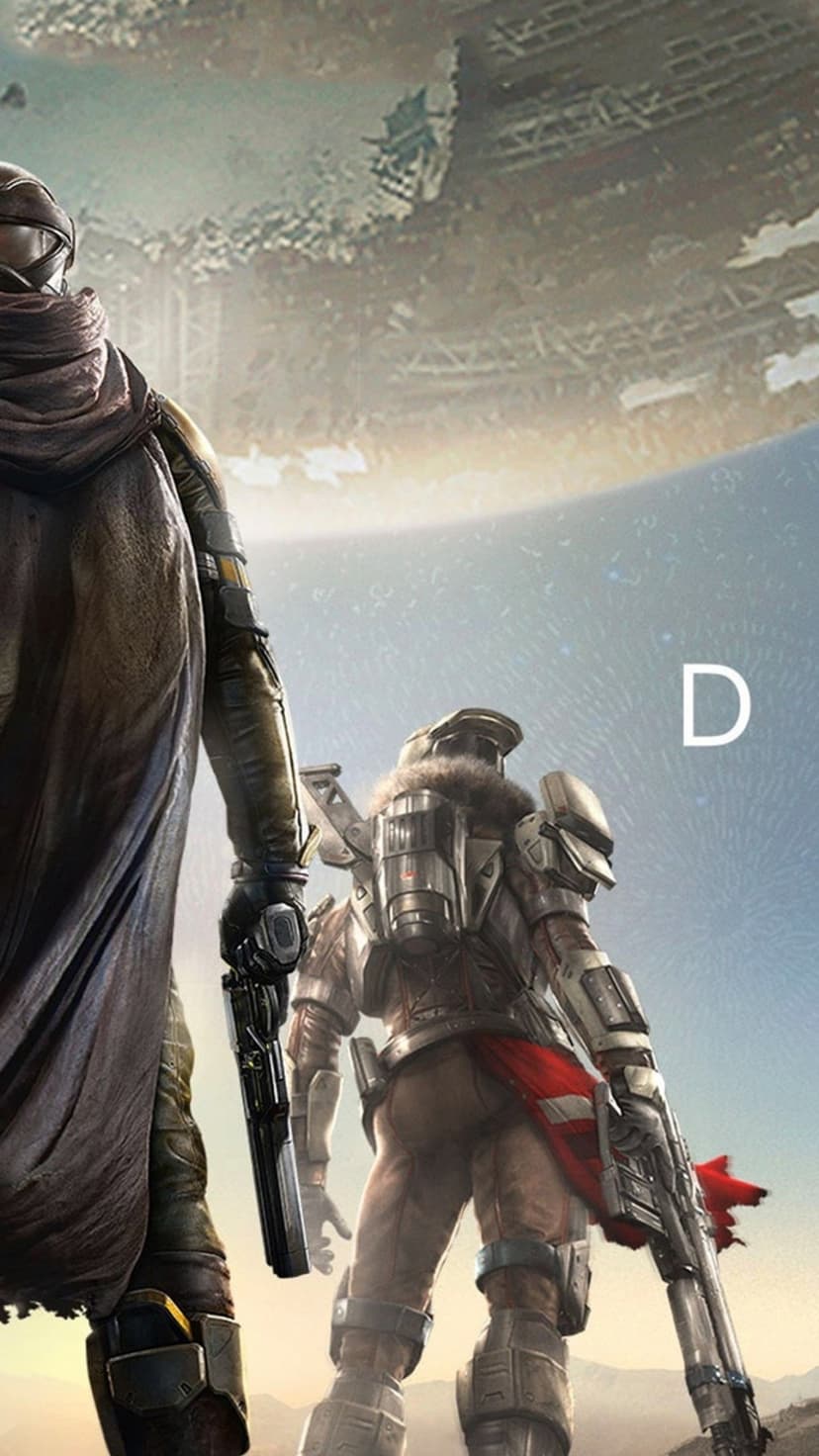 Two armored futuristic soldiers with weapons looking at a giant orbital structure in a hazy pale sky.