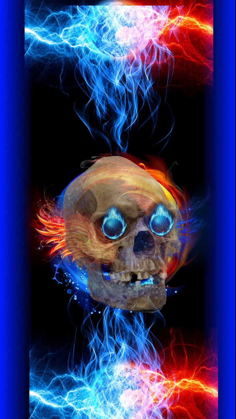 Human skull with glowing blue eyes surrounded by swirling orange fire and electric bolts on a black background.