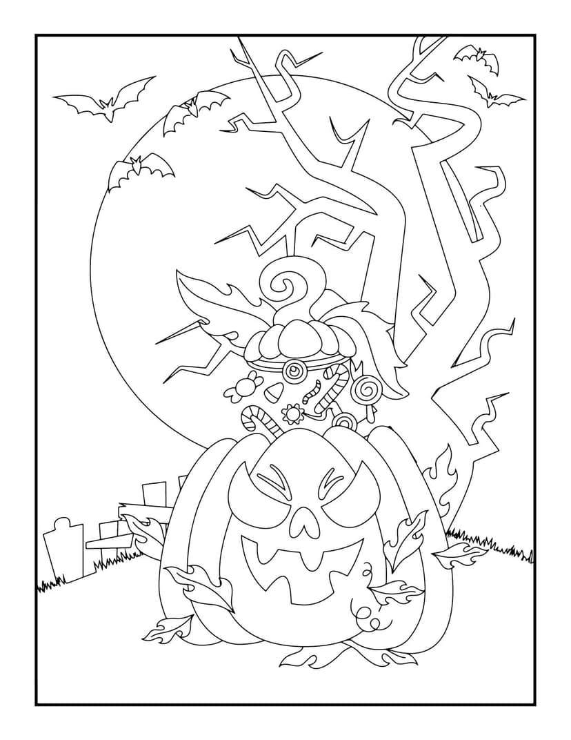 Halloween coloring page featuring a carved jack-o-lantern under a full moon with bats and candy treats.