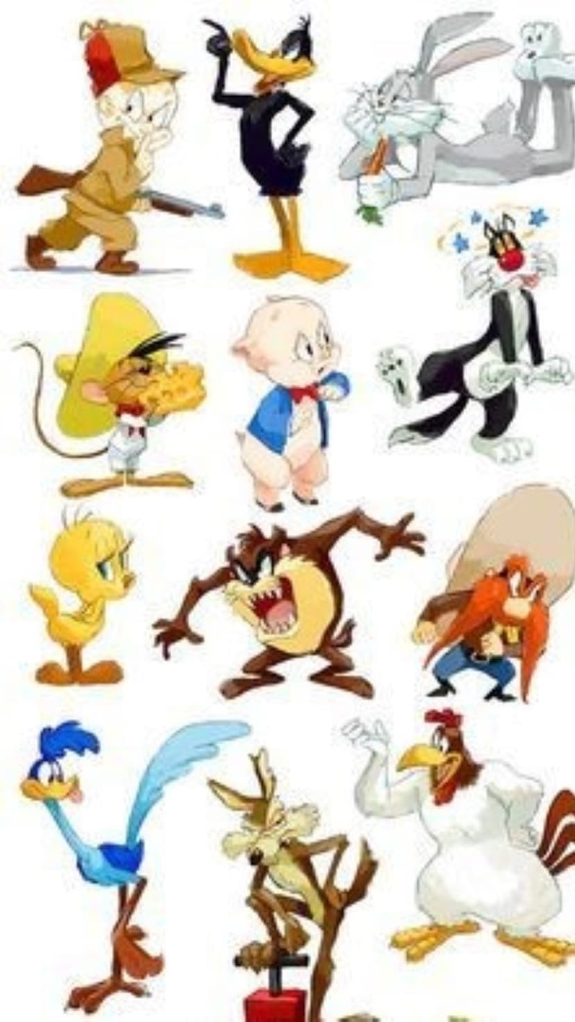 Bugs Bunny, Daffy Duck, and various Looney Tunes characters stand together in a colorful group portrait.