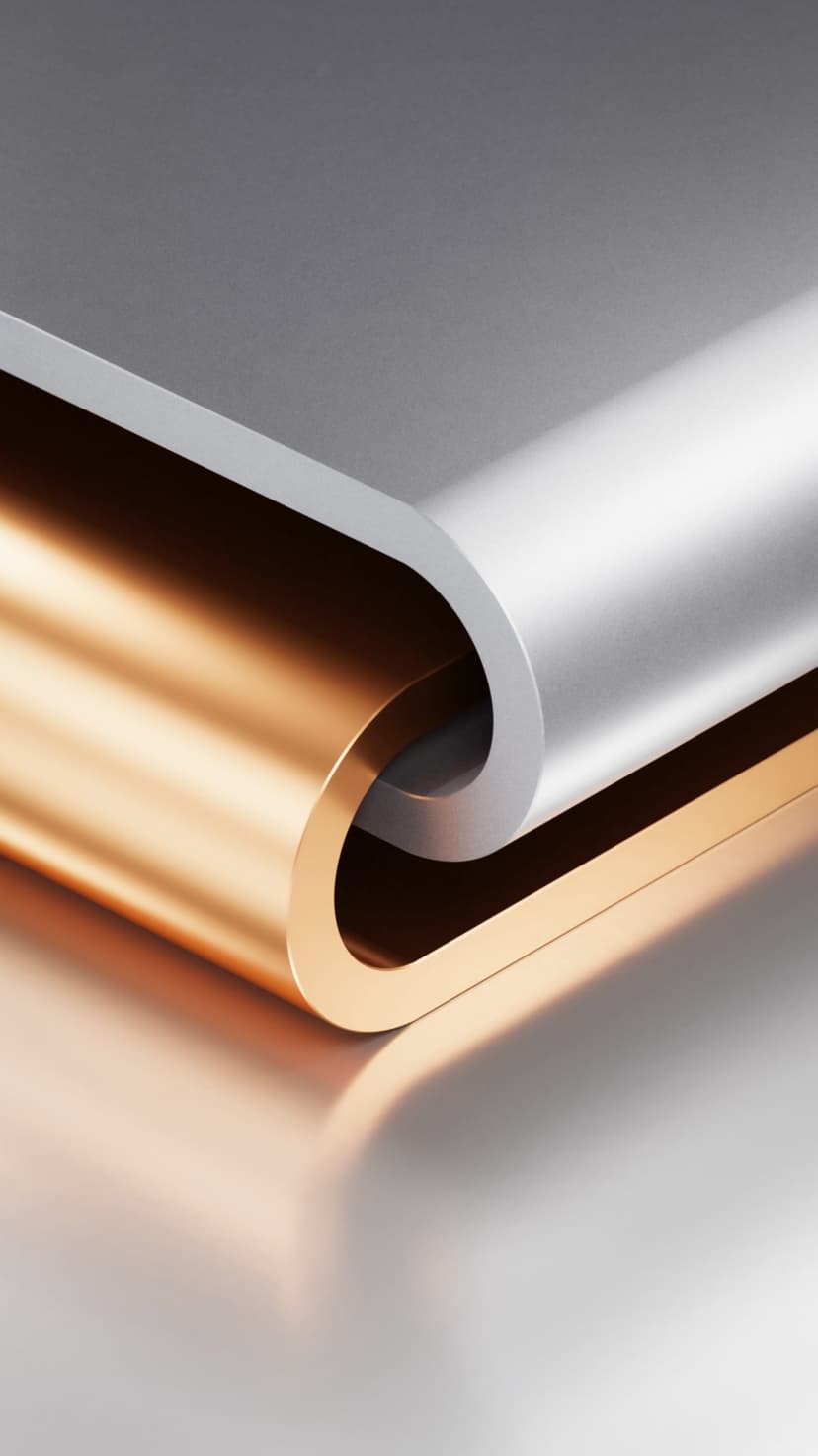 Intertwined copper and silver metallic ribbons display smooth curves with polished and brushed reflective surfaces.