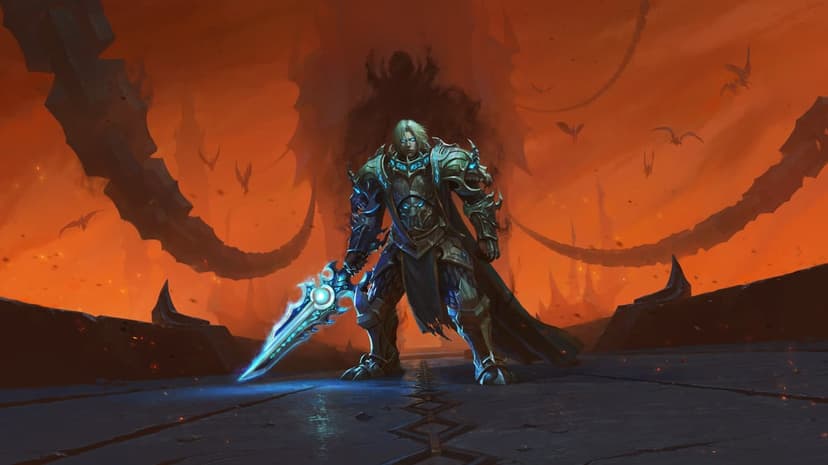 Warrior in rune armor holds a glowing blue sword against a hellish red sky with massive chains and shadows.
