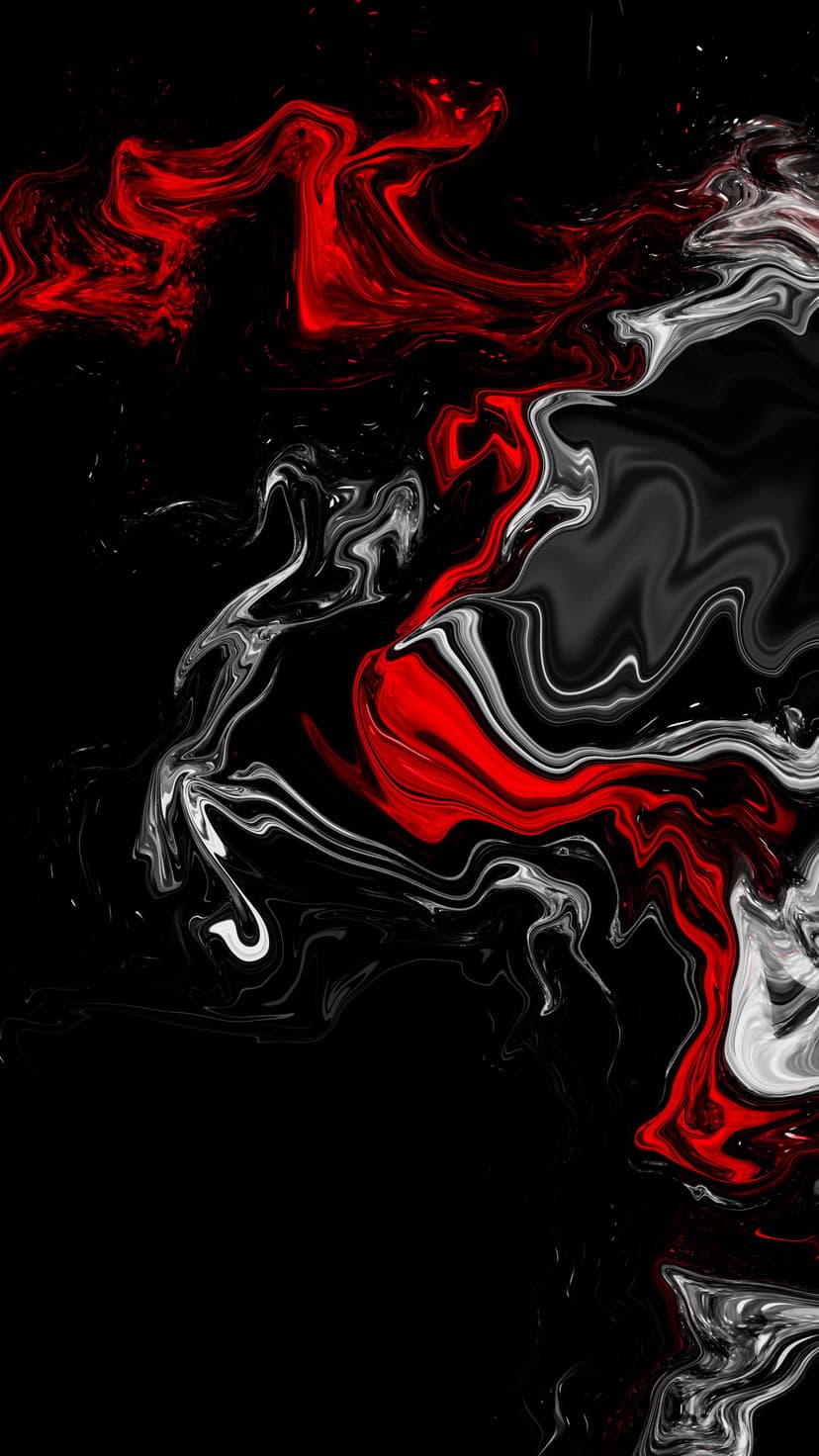 Crimson and white fluid swirls intertwine against a solid black backdrop in a vertical abstract composition.