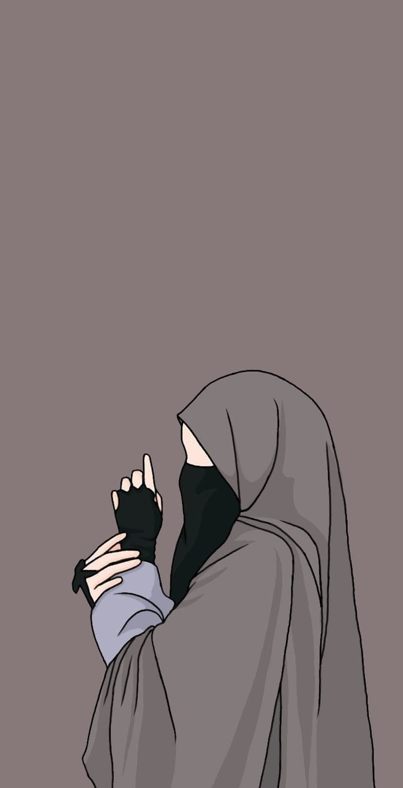 Muslim woman in a black niqab and grey hijab points her index finger upward against a solid taupe background.