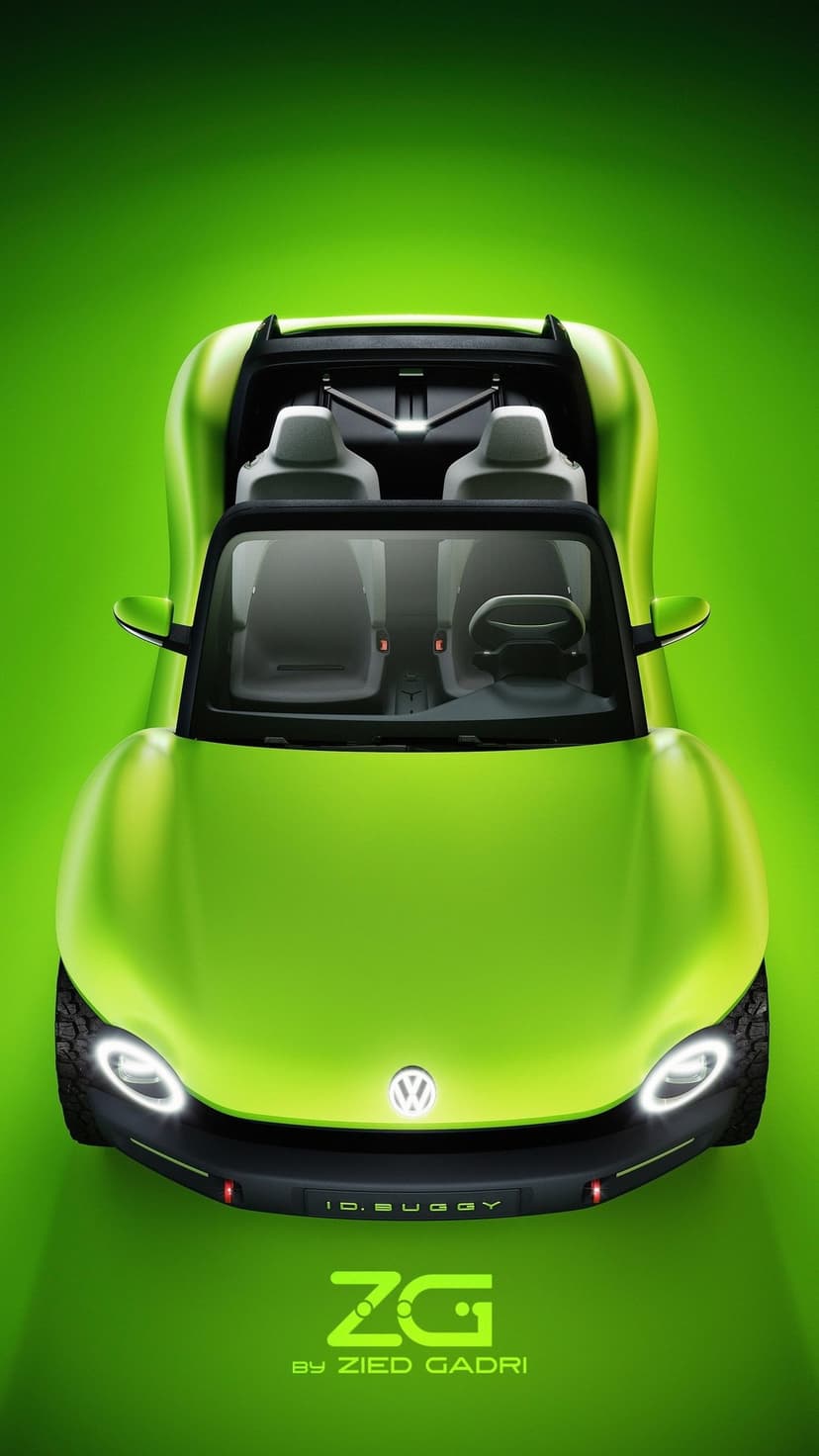 VW ID Buggy concept car in lime green with rounded LED headlights and an open-top interior on a green background.