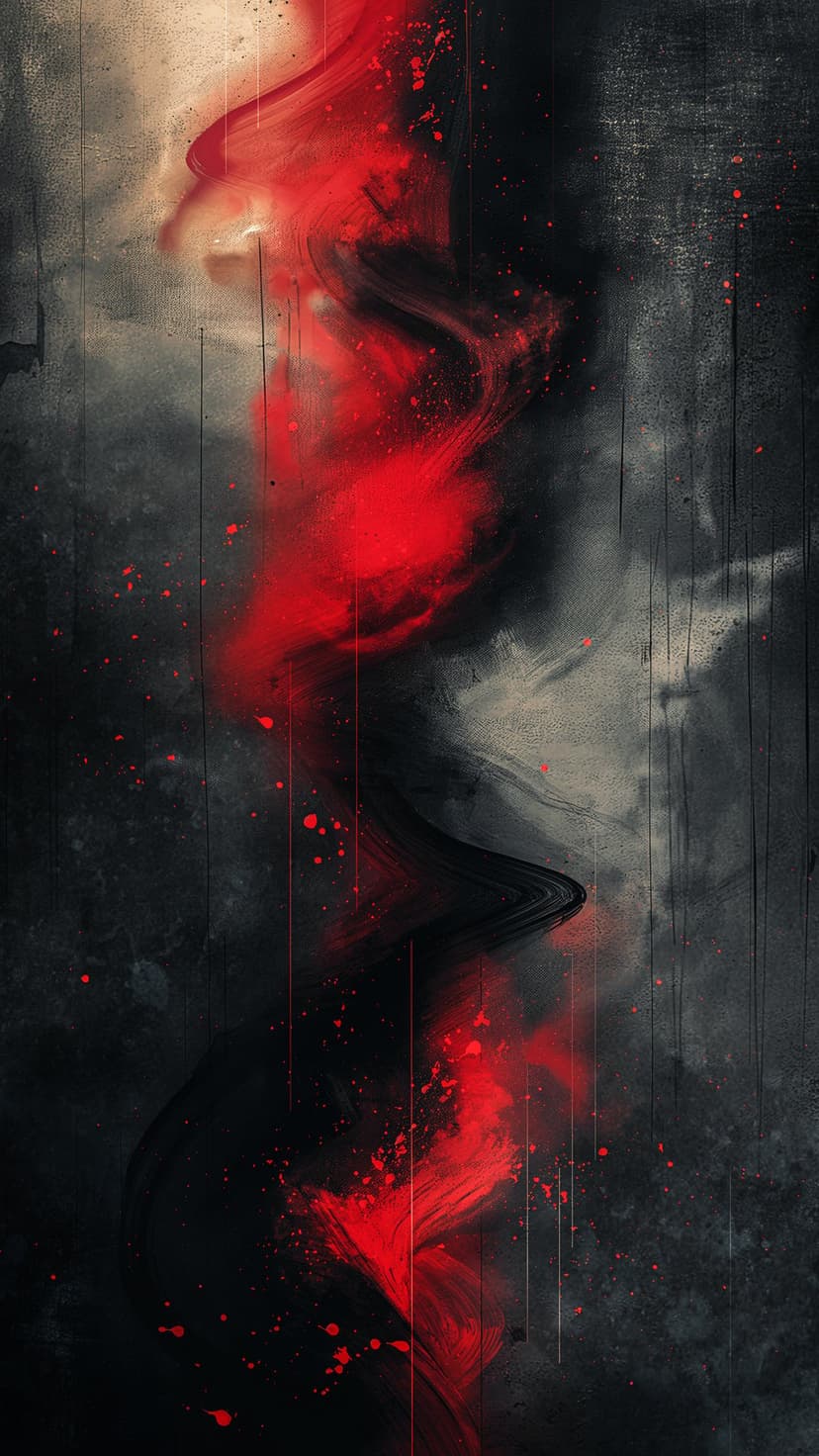 Red paint swirls and chaotic splatters overlay a dark gray textured background in a vertical composition.