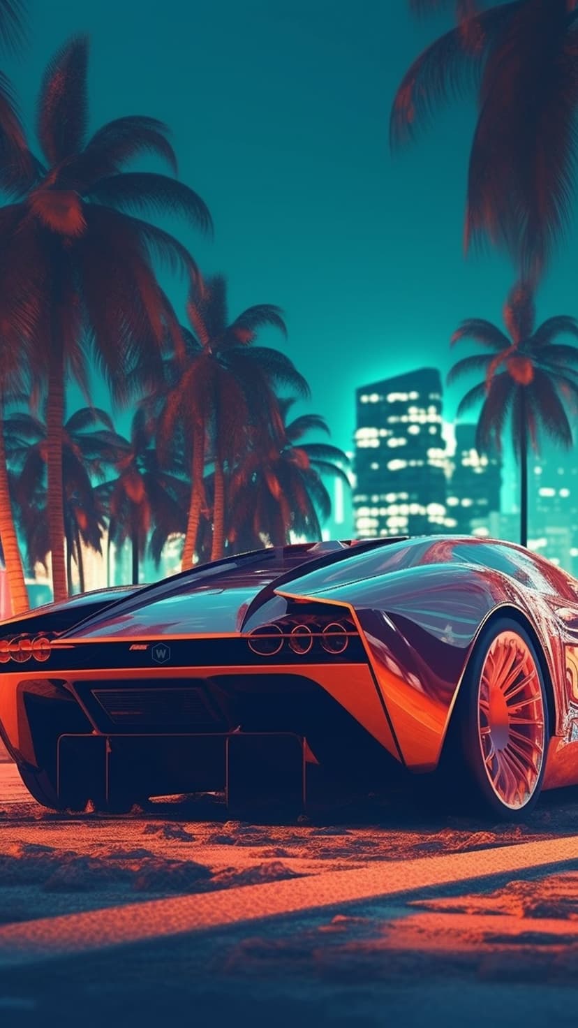 Futuristic supercar with orange lights parked on a dark beach beside palm trees under a teal night sky and city lights