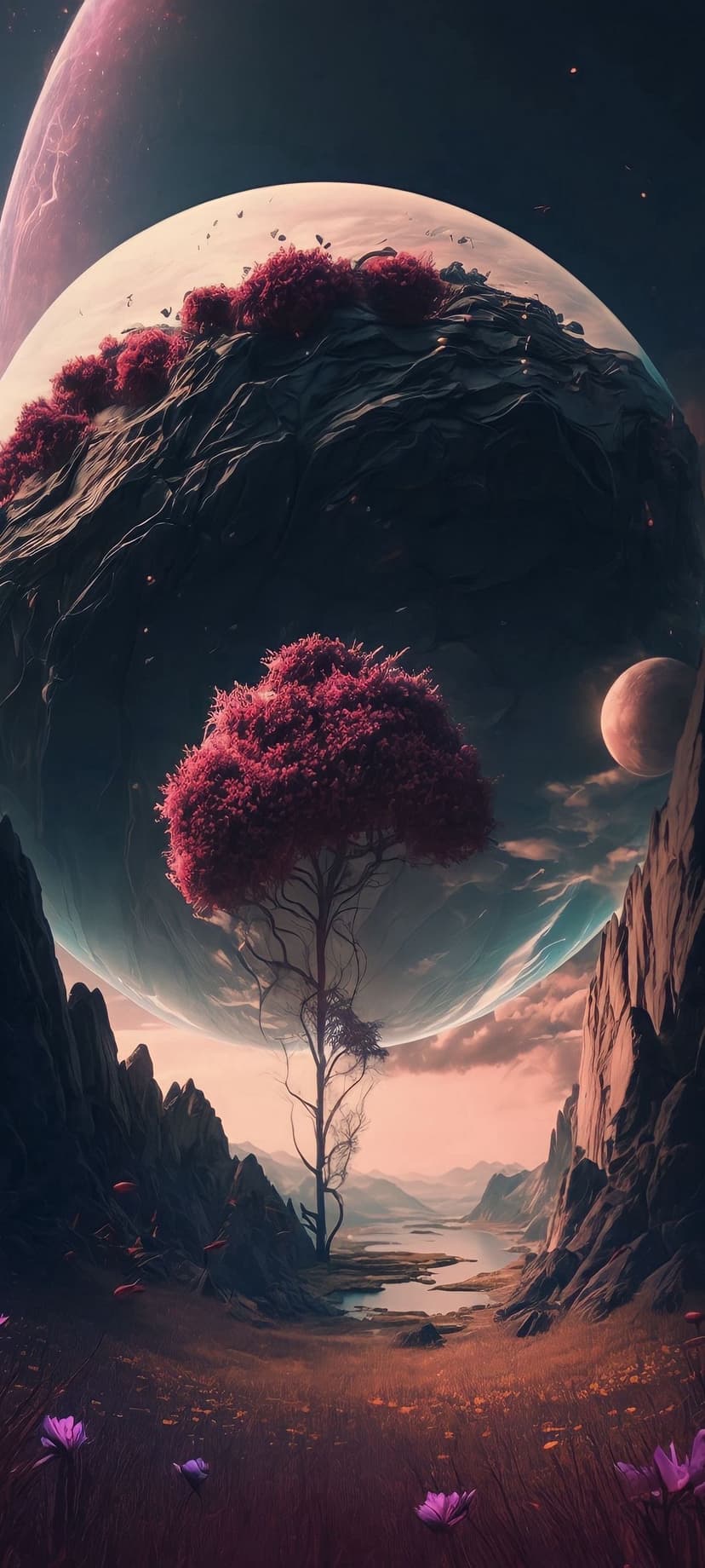 Pink tree stands in a rocky valley under a giant planet and red moon against a dark star-filled sky.