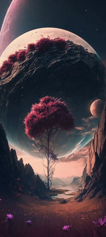 Alien Landscape with Pink Tree and Planets