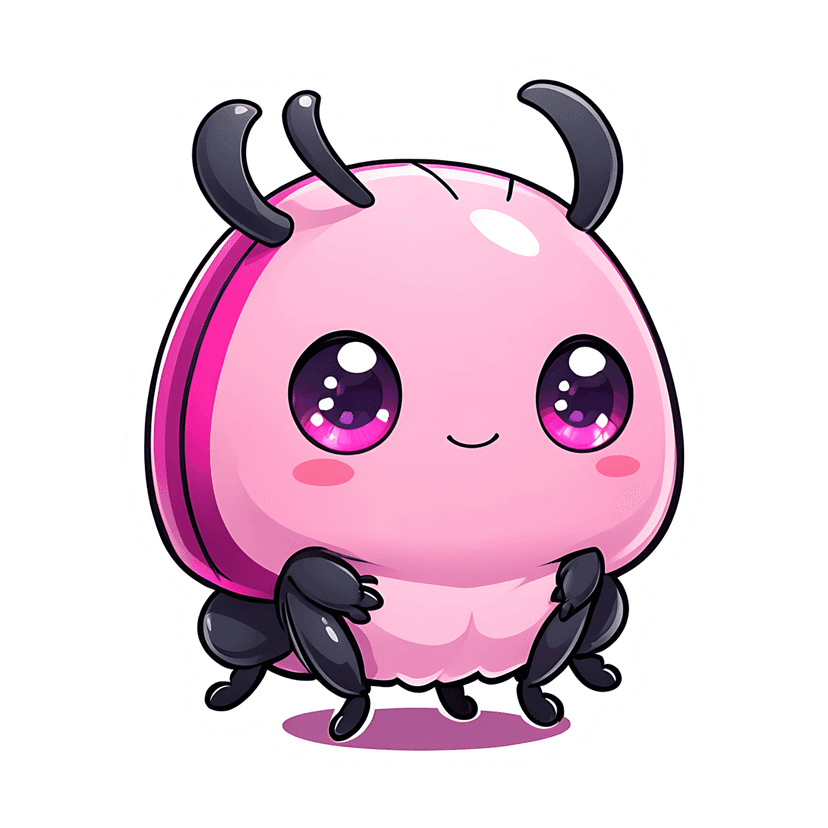 Pink insect sticker with large purple eyes and a white outline displays a glossy finish and vibrant gradients.