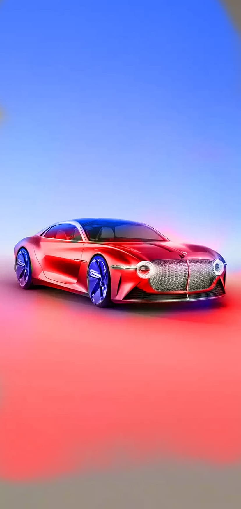 Red sports car with glowing blue wheels sits against a blue and pink gradient background with lit headlights.